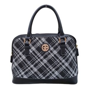 Giani Bernini - Woven Plaid Saffiano Satchel Gold Pearl Accent - Black and White